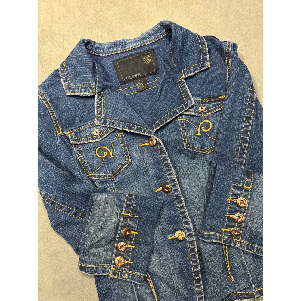 Rocawear Womens Denim Jacket Blue Jean Embroidered‎ Pockets Button Front Size L